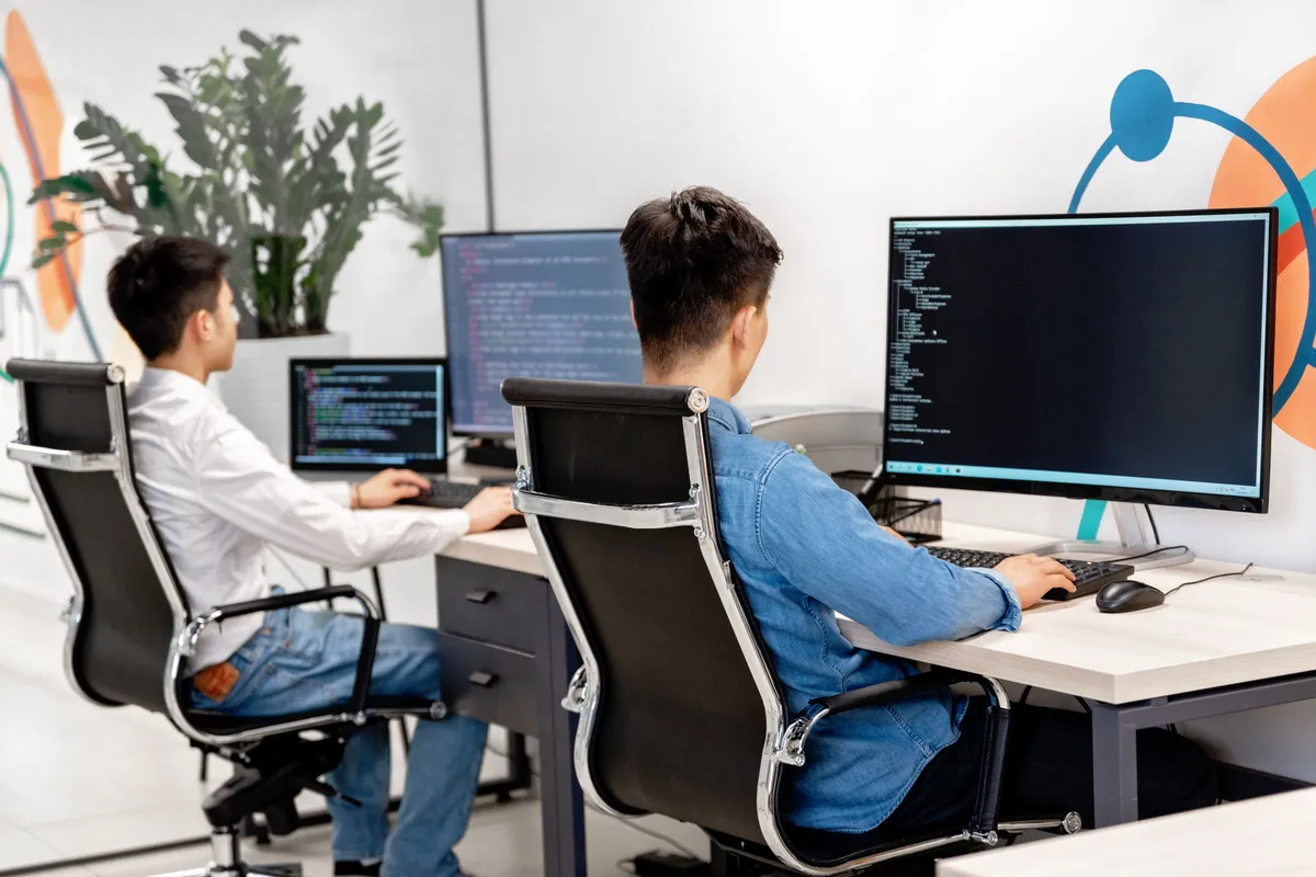 Two software developers seen from behind, coding on large monitors at their office desks